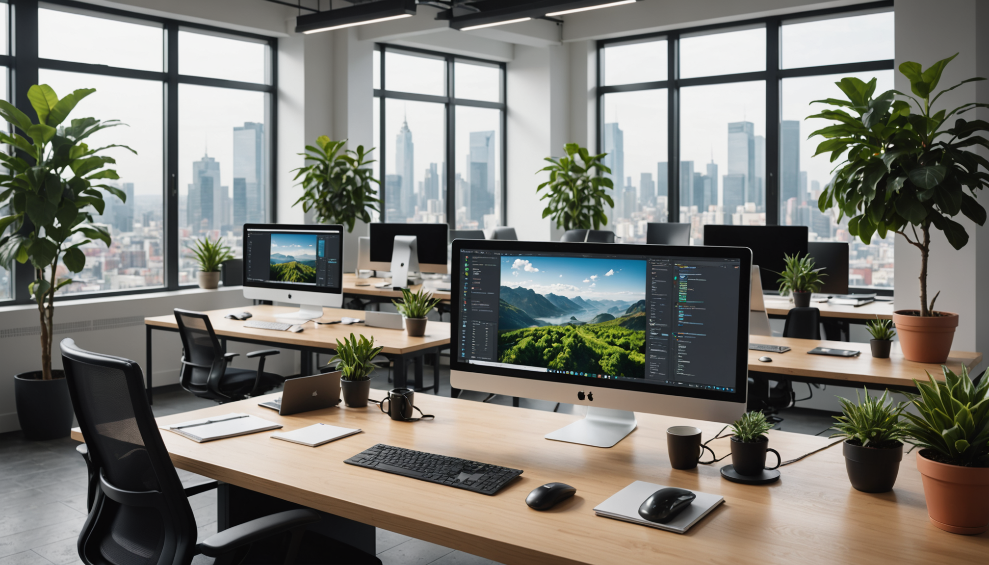 Modern digital workspace, vibrant screens, sleek laptops, natural light, minimalist desk, productive atmosphere, cutting-edge technology, bright inviting environment, plants, innovation.