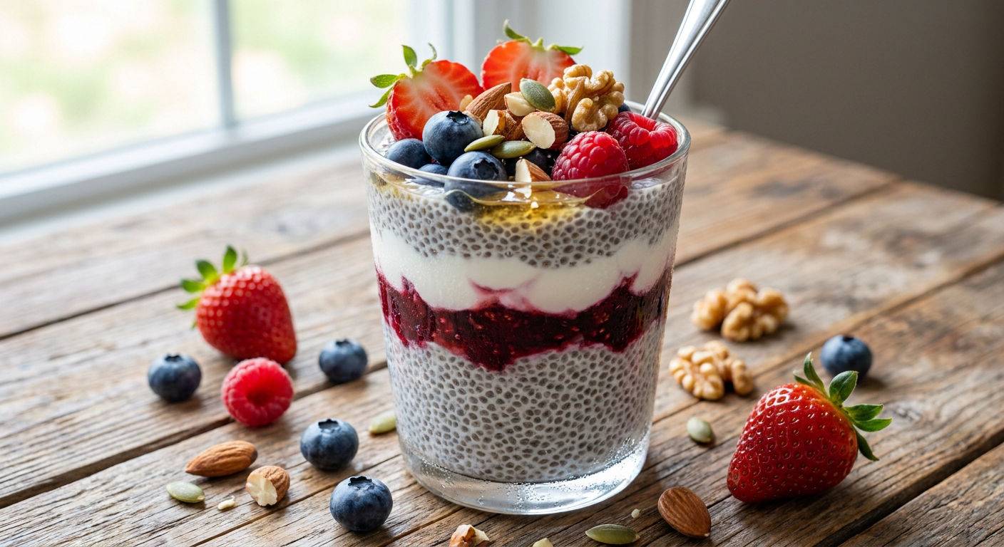 Warstwowy pudding chia z jogurtem i owocami.