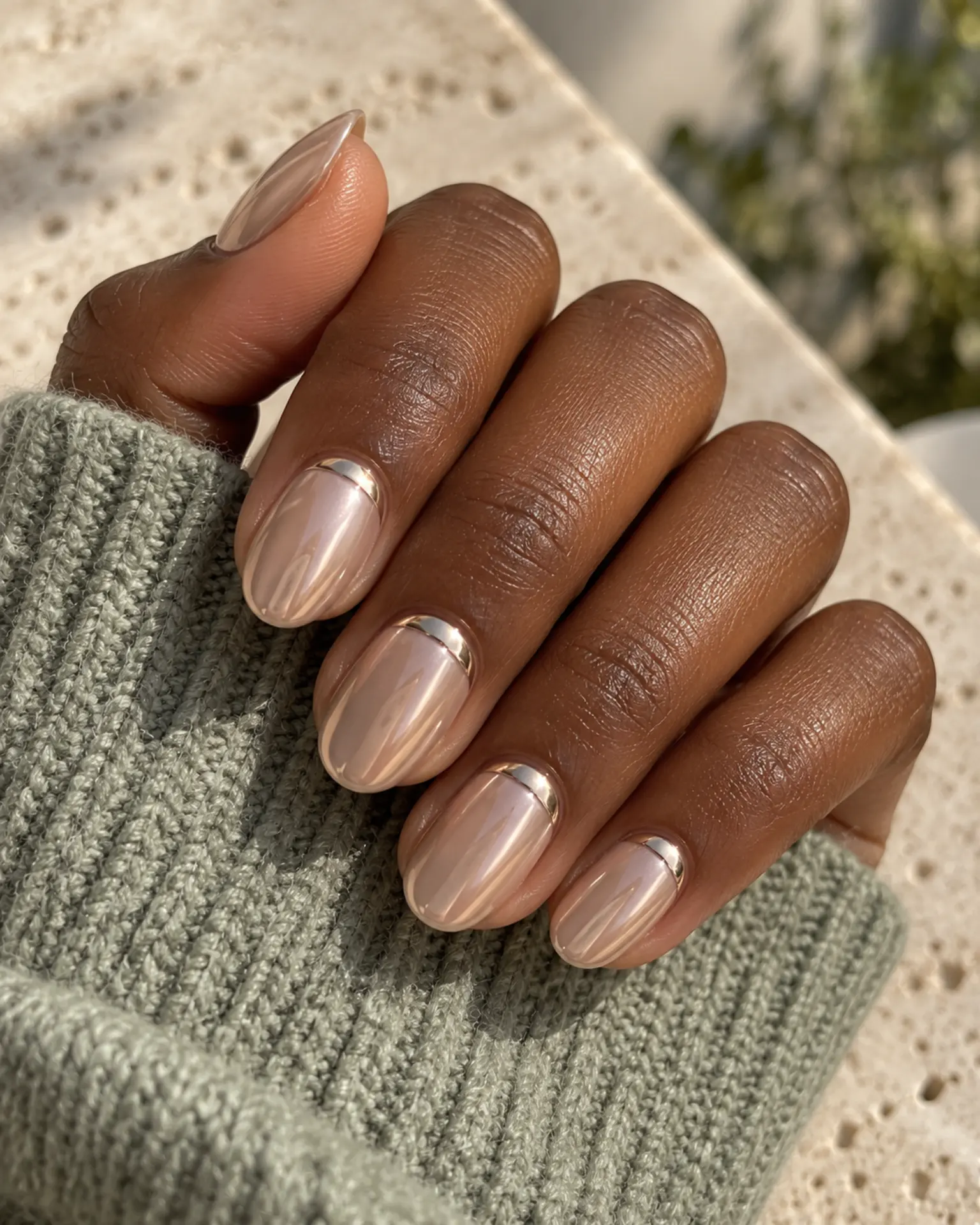 Chrome Half-Moon Detail manicure inspiration for chrome nail ideas