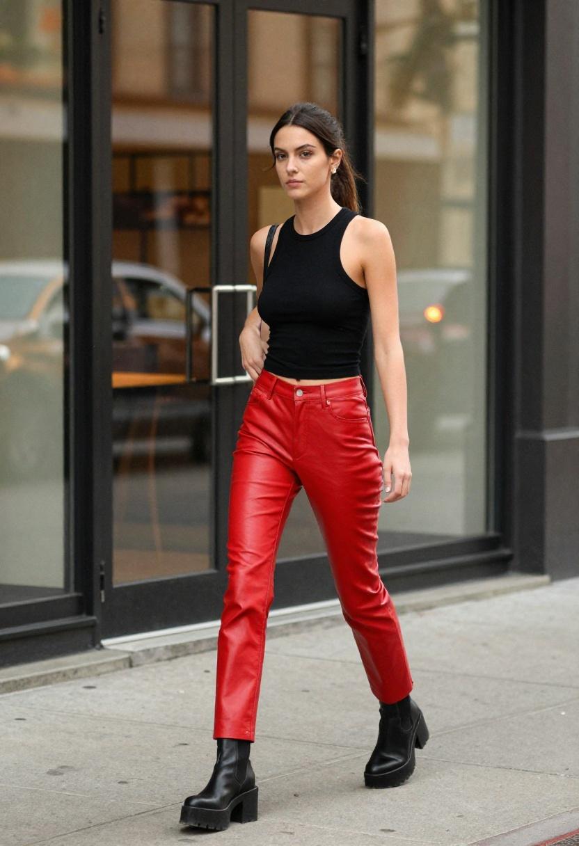 Crimson faux leather pants with ribbed crop top for a high-impact edgy casual look