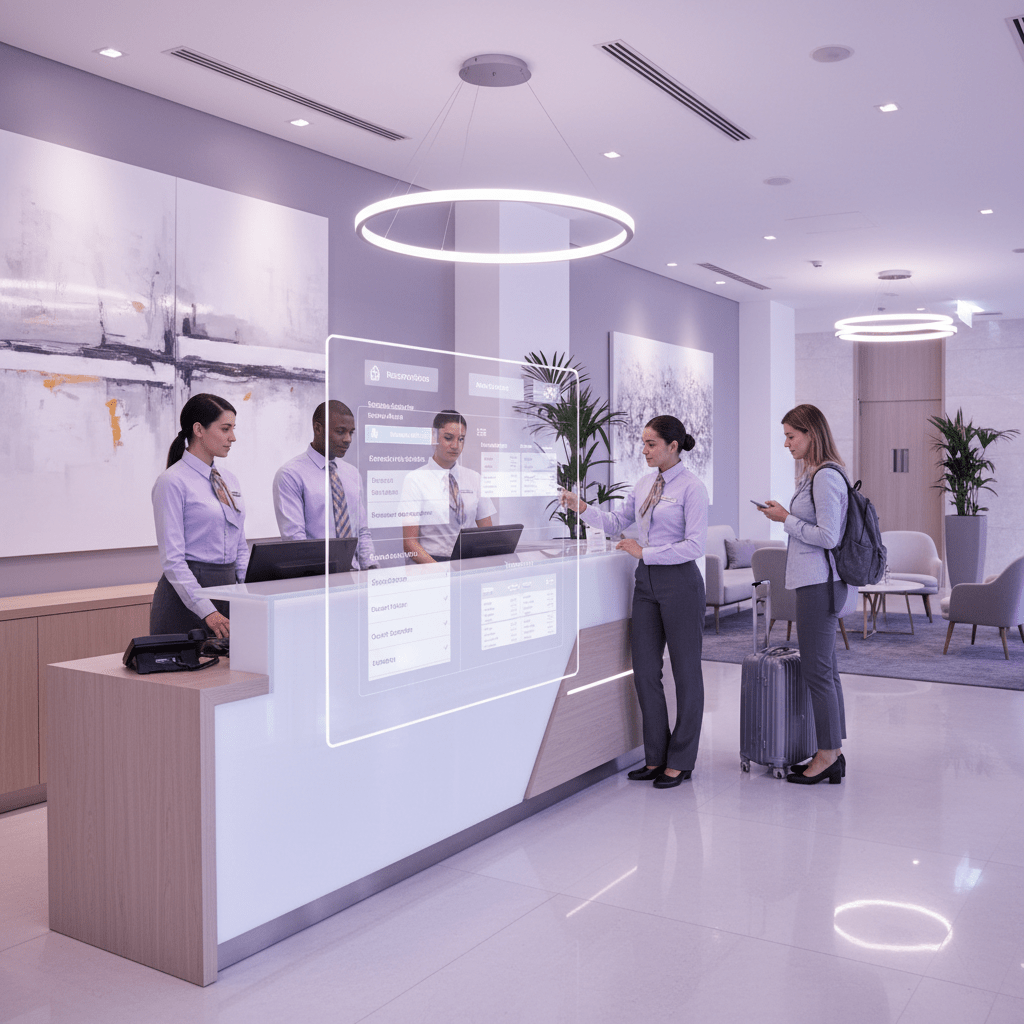 Hotel front desk and housekeeping team using a shared ERP dashboard while a guest waits nearby