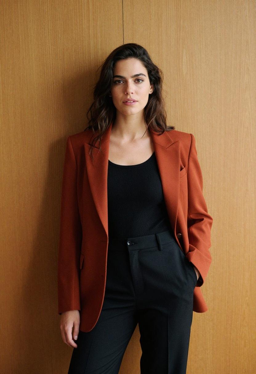 Terracotta structured blazer over all-black base for creative power dressing