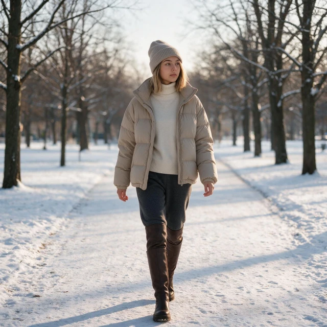 A woman with warm and stylish winter clothing and jacket, wool hat, knee-high boots, walking down a quiet snowy park path, trees with no leaves, soft winter morning light, serene expression, natural romantic aesthetic.