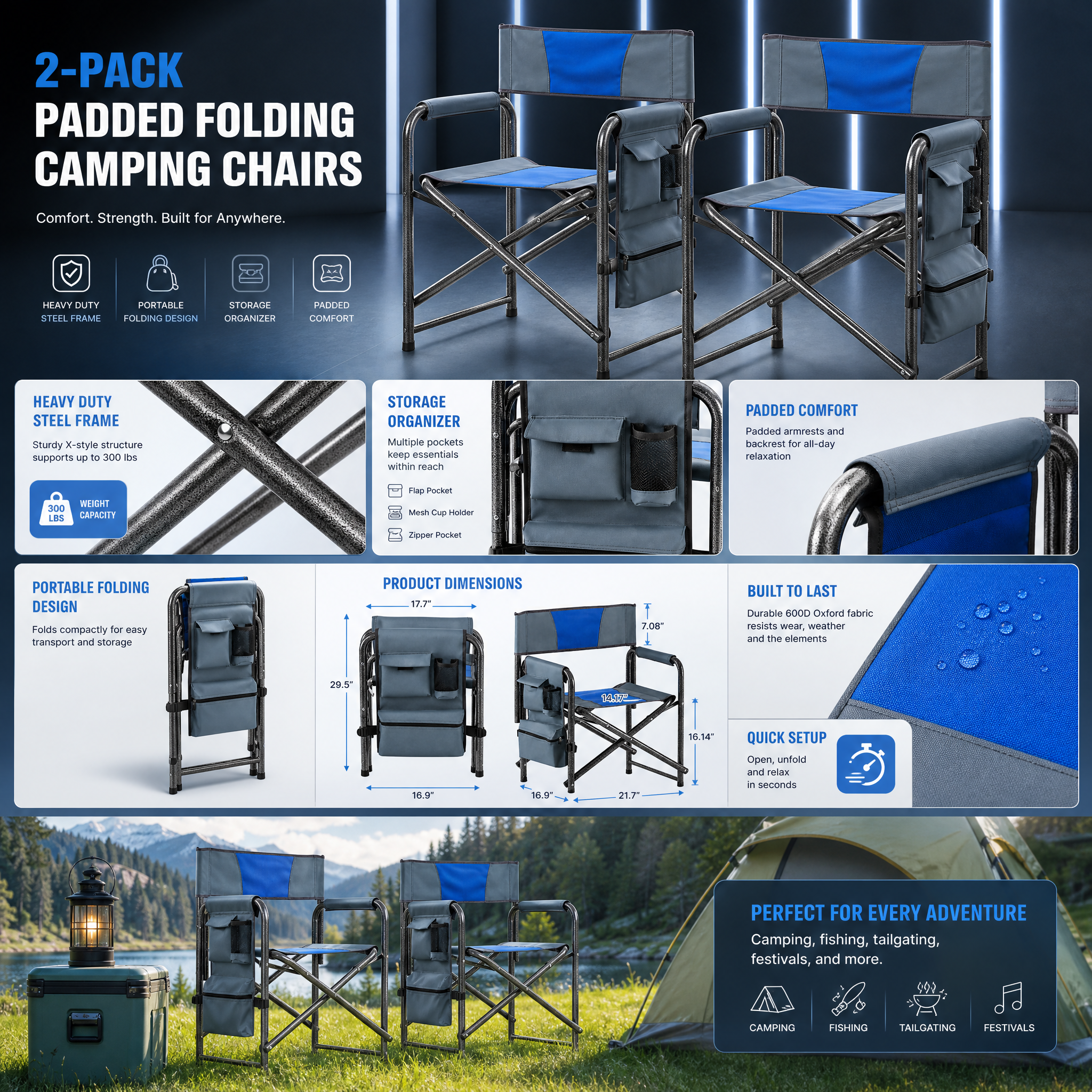 Two blue and grey padded folding camping chairs with storage pockets and product feature overview