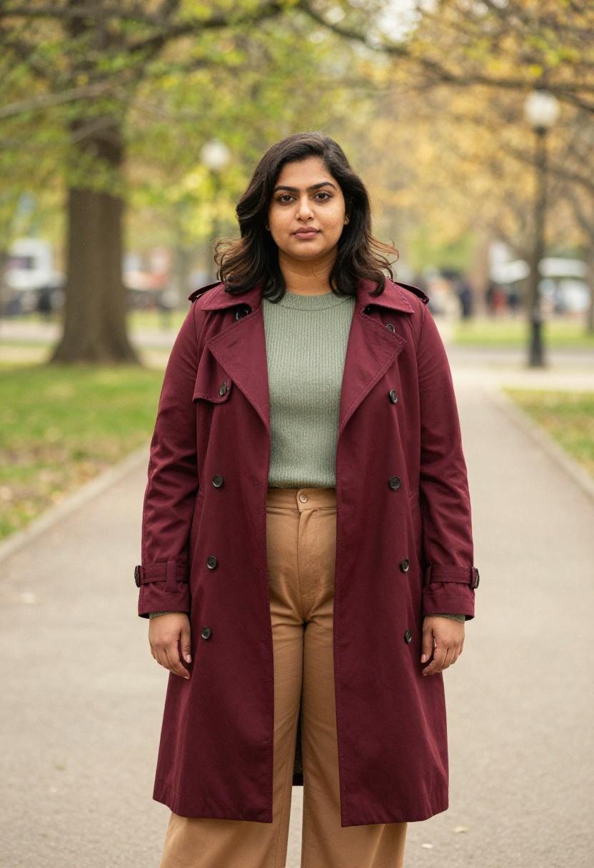 Deep burgundy longline trench coat with sage knit and camel trousers plus-size spring layers