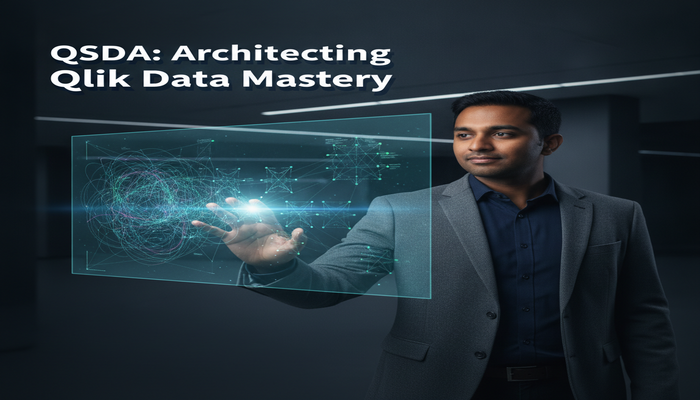 QSDA: Architecting Qlik Data Mastery A confident data architect orchestrating complex, holographic Qlik data models, symbolizing mastery proven by QSDA certification.
