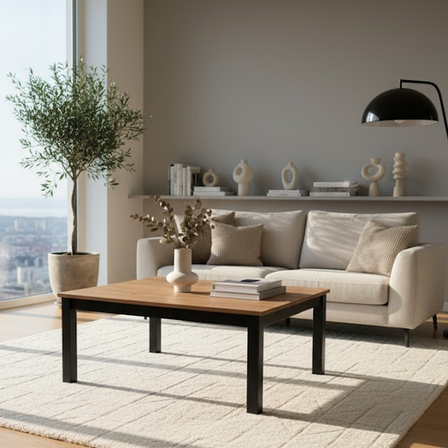 Stylized image of a wooden table in a high-end setting.