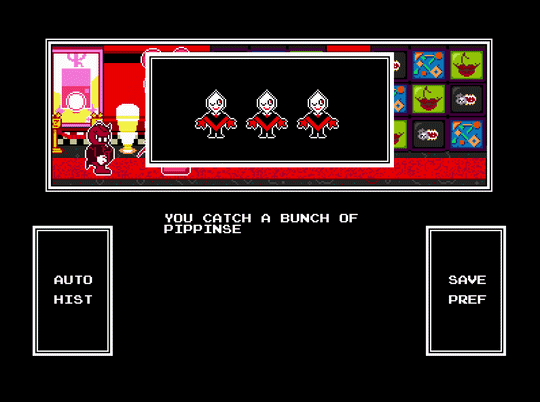 A scene from one of the intermissions in-game, set in a pixel style. The protagonist has a classic RPG-like encounter with a trio of Pippinses.