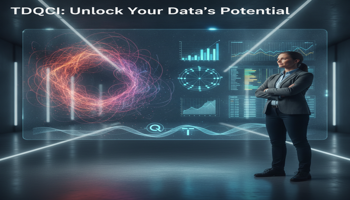TDQCI: Unlock Your Data's Potential A professional overseeing a holographic display that shows chaotic data on one side transforming into clear, organized data visualizations on the other, representing the value of TDQCI Talend data quality certification.