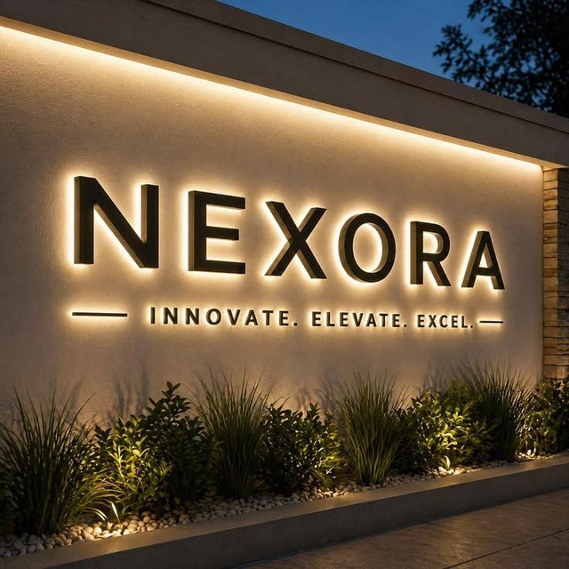 Modern retail storefront sign with warm illumination