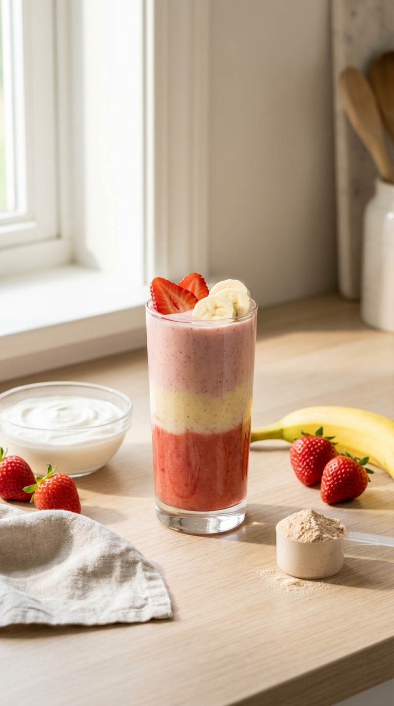 Strawberry Banana Classic — Best protein smoothie recipes healthy greek yogurt Base