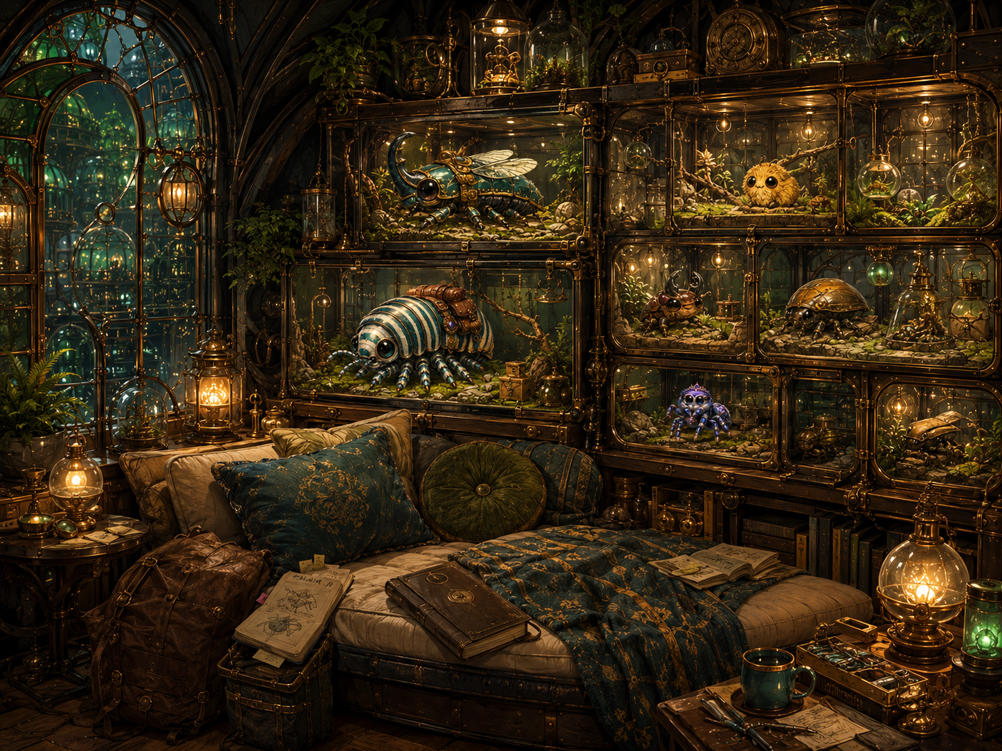 Auggie's terrarium wall behind the observation couch