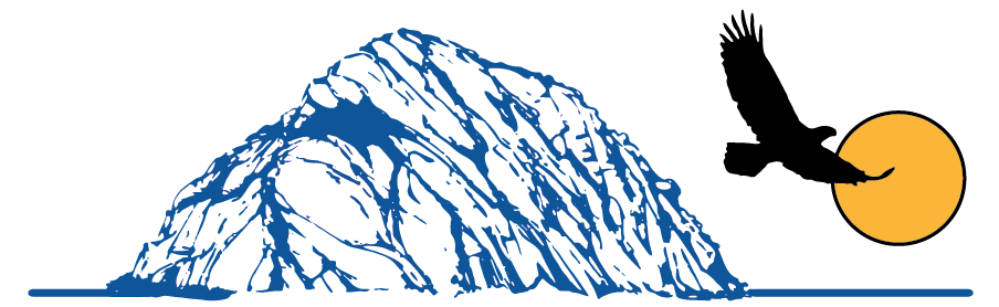 Morro Rock with an eagle flying above it, symbolizing Morro Bay Eagles Aerie 3693
