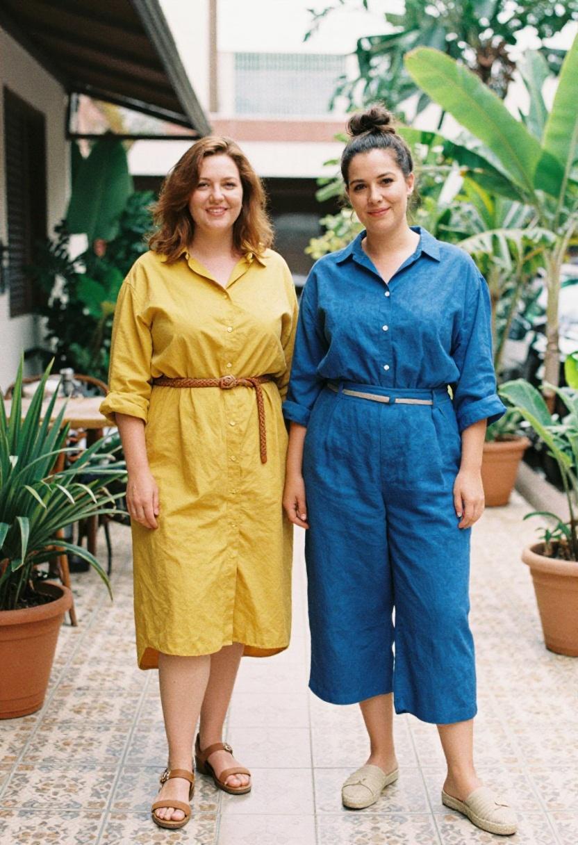 Two plus size women in bold button-down looks — mustard shirt dress and printed cobalt button-down — on spring patio