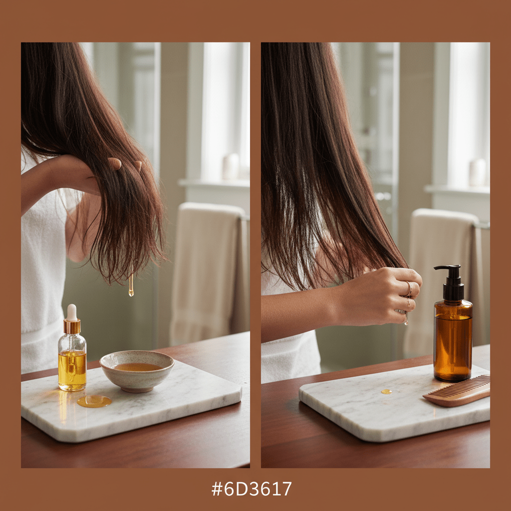 Hair care routine comparison showing pre-wash oiling and nourished hair ends