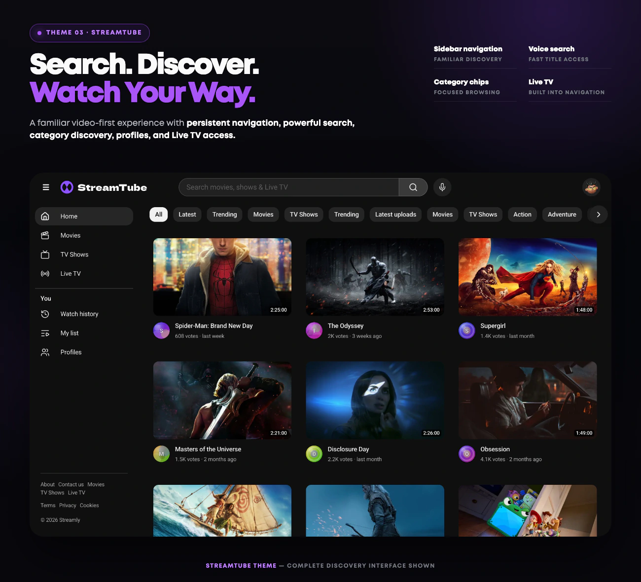 Complete StreamTube discovery and Live TV storefront with sidebar navigation, search, categories, watch history, My List and profiles