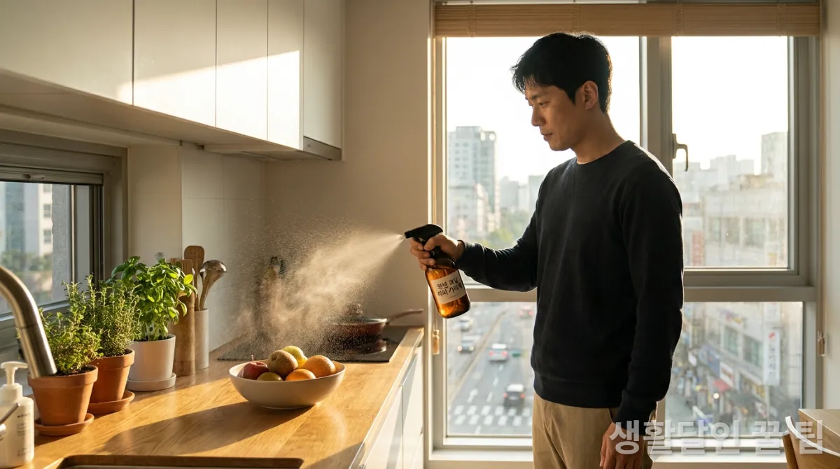 30대 한국인 남성이 주방에서 천연 초파리 퇴치 스프레이를 뿌리는 모습, 햇살이 비치는 주방 창문 배경
