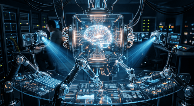 Automazione AI: guida completa e vendor‑neutral per progettare, scalare e misurare il valore 3 Visualizing the core components of intelligent automation: the AI brain, digital senses, and robotic arms.