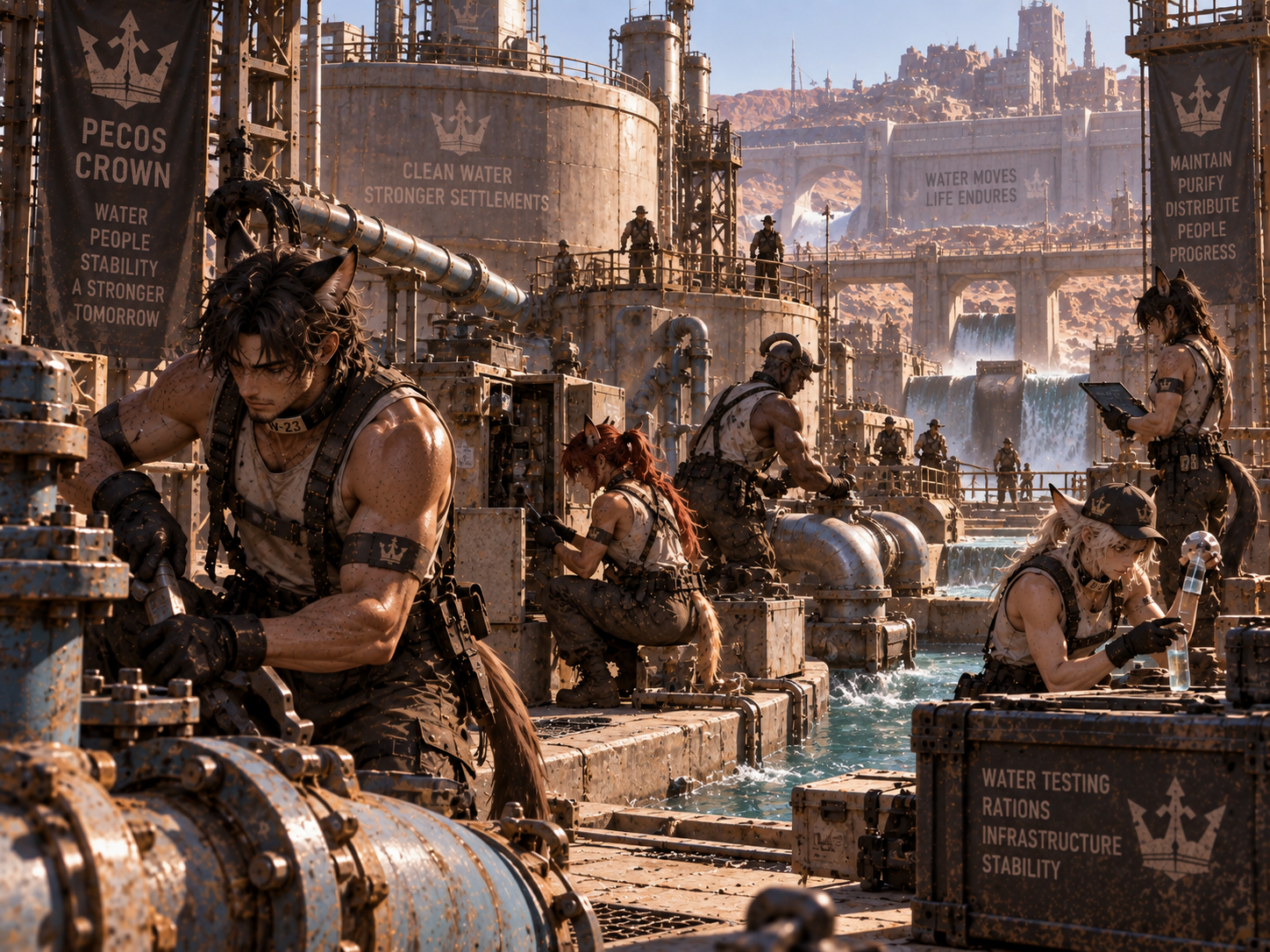Demi-human workers maintaining water infrastructure in the Pecos Crown