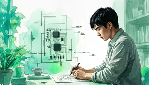 집중해서 복잡한 반도체 회로도를 설계하는 남성의 모습을 담은 수채화 일러스트레이션. 이 그림은 AI 모델의 실수를 줄이고 정확한 추론을 유도하기 위해 오답과 정답을 대조하는 논리적 울타리를 치는 '프롬프트 엔지니어링' 설계를 시각화합니다. 책상 위의 식물과 도면이 어우러진 창의적이고 학구적인 환경을 보여줍니다.