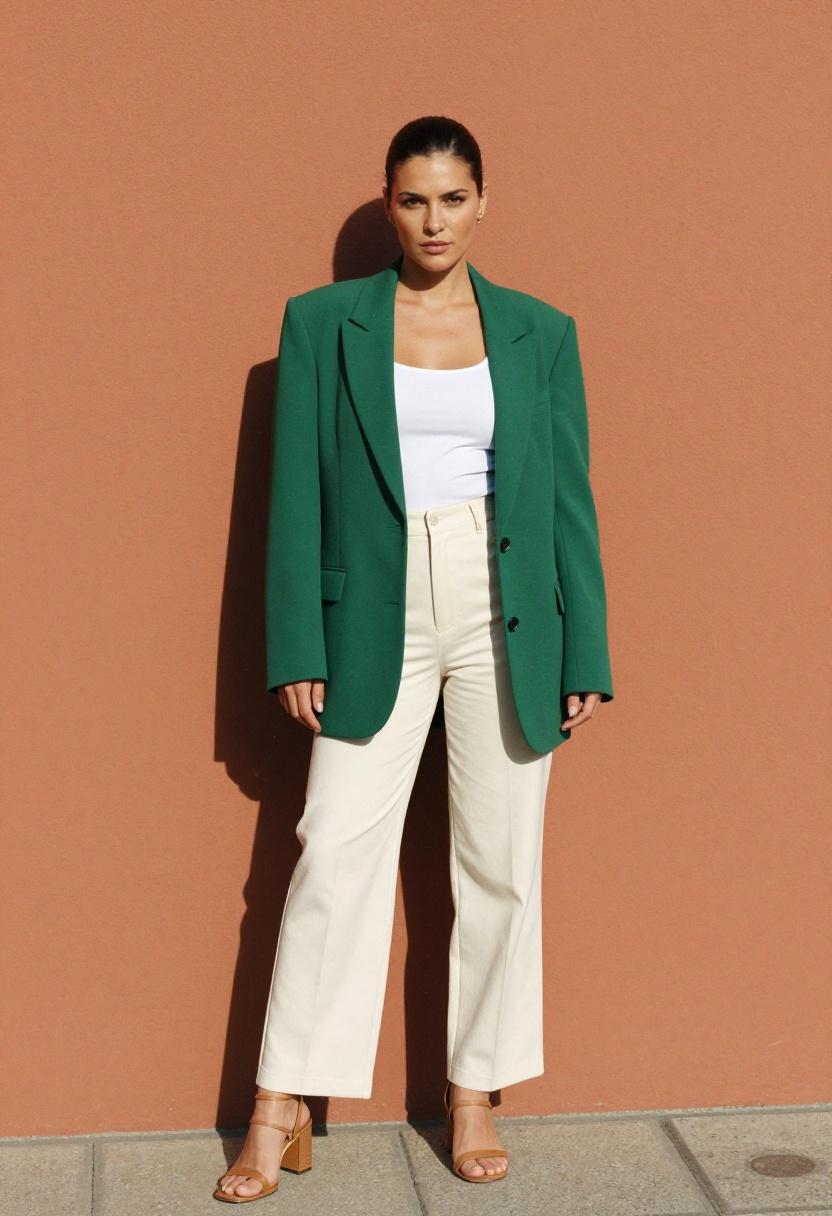 Emerald green oversized blazer over white tank for bold commanding WFH energy