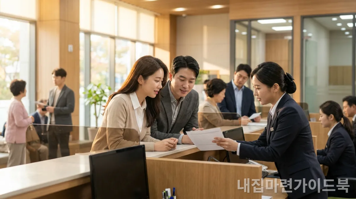 30대 한국인 남녀가 은행원과 상담하며 대출 상품을 비교하는 모습, 은행 창구 배경