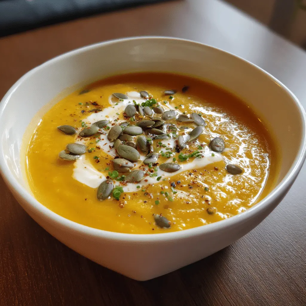 Bowl of creamy pumpkin soup garnished with herbs, the perfect silky fall comfort food.