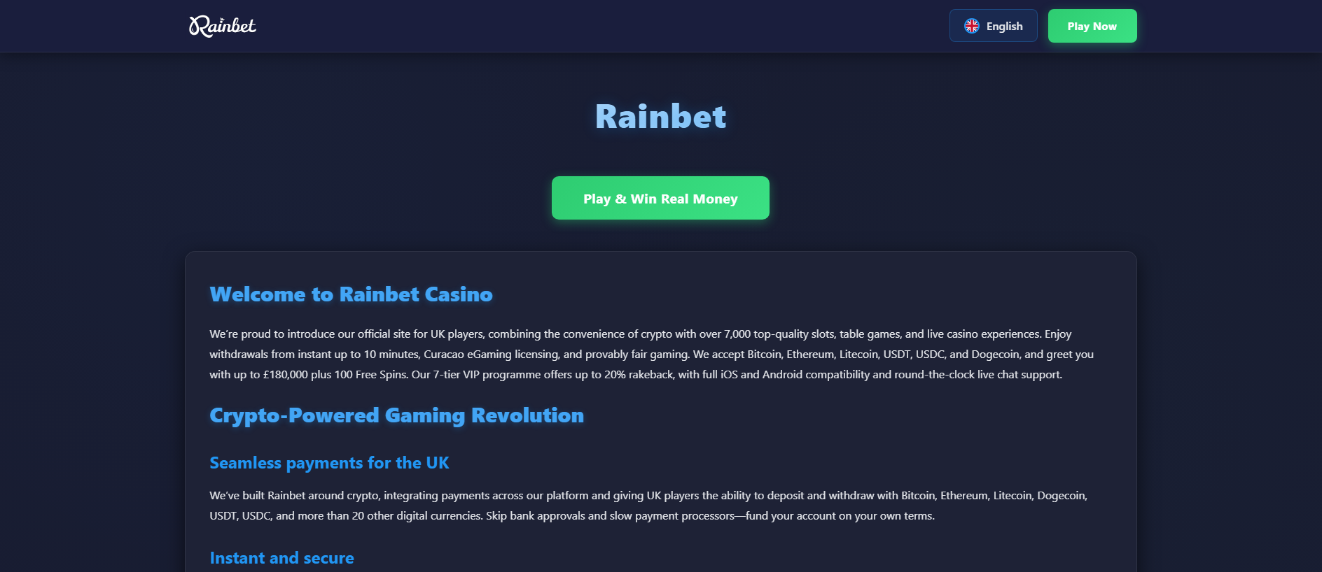 Forensic screenshot of rainbetcasino.casino showing the phishing page layout