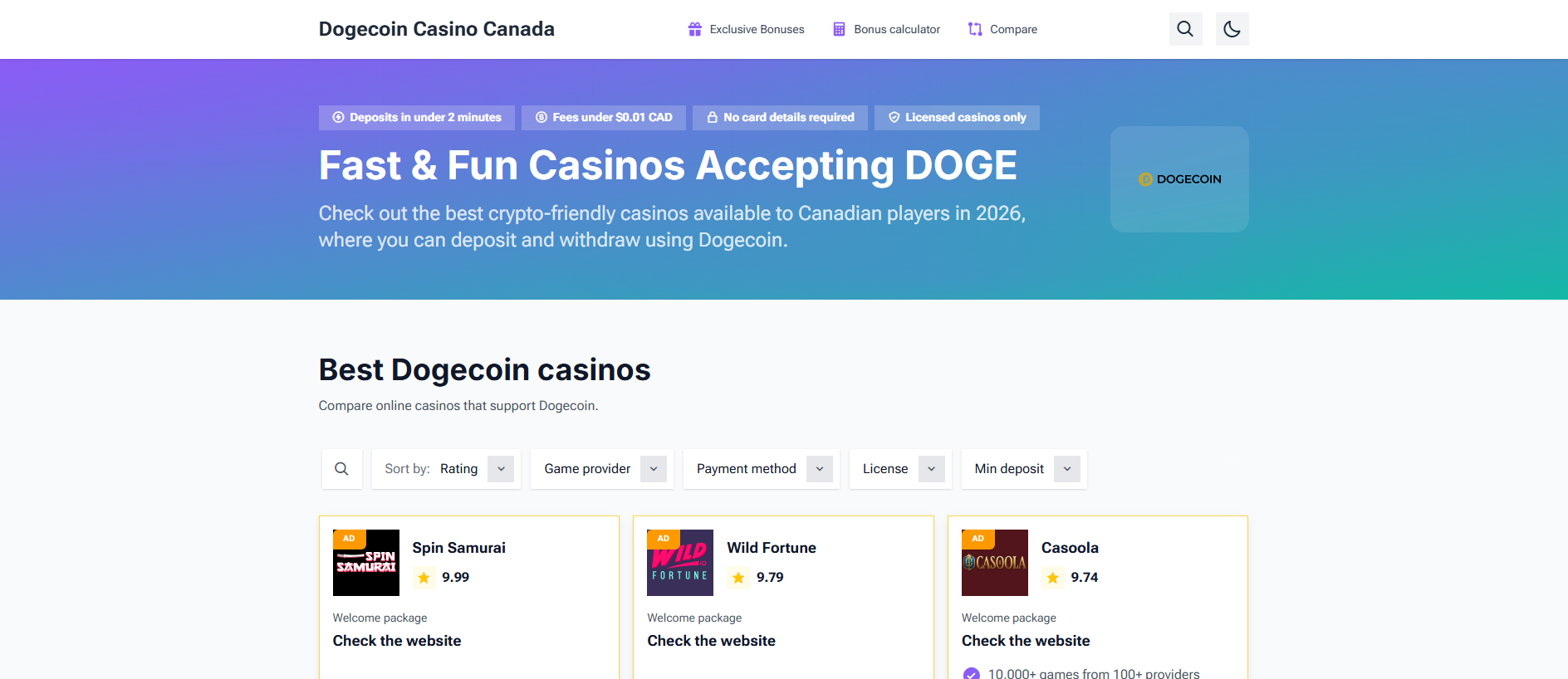 Forensic screenshot of dogecoin-casino-canada.org showing the phishing page layout