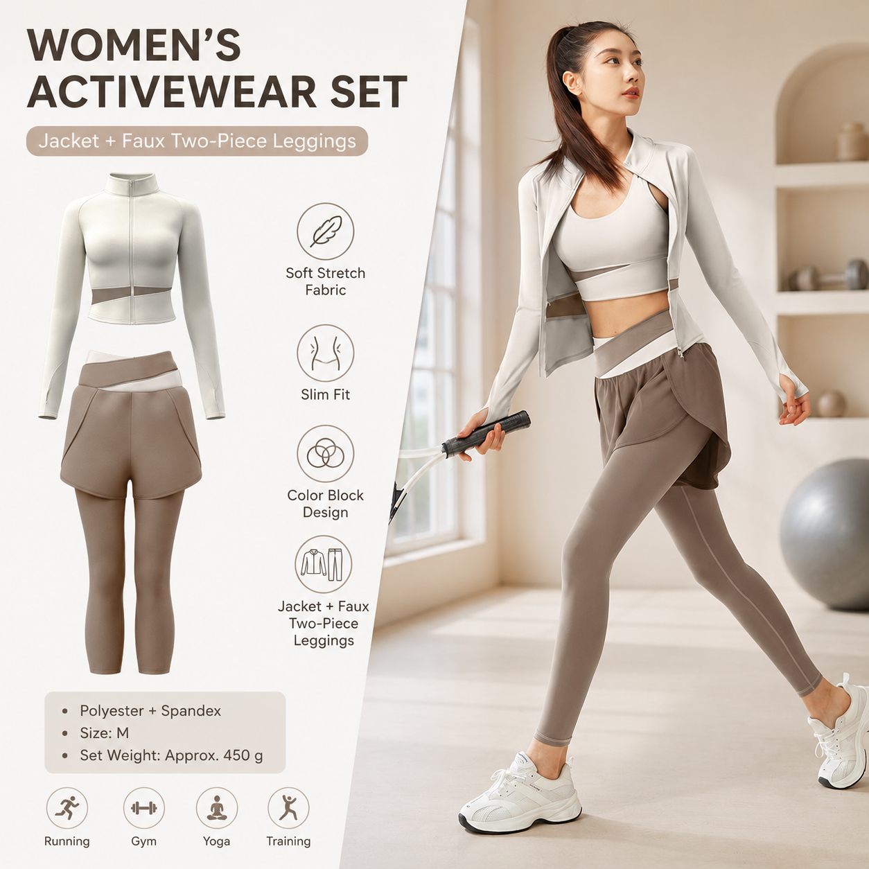 M size Women's 2-Piece Running Yoga Set - White Colorblock Zip Jacket and coffee Faux Two-Layer Leggings, Slim Fit High Stretch Gym Activewear for Fitness and Training
