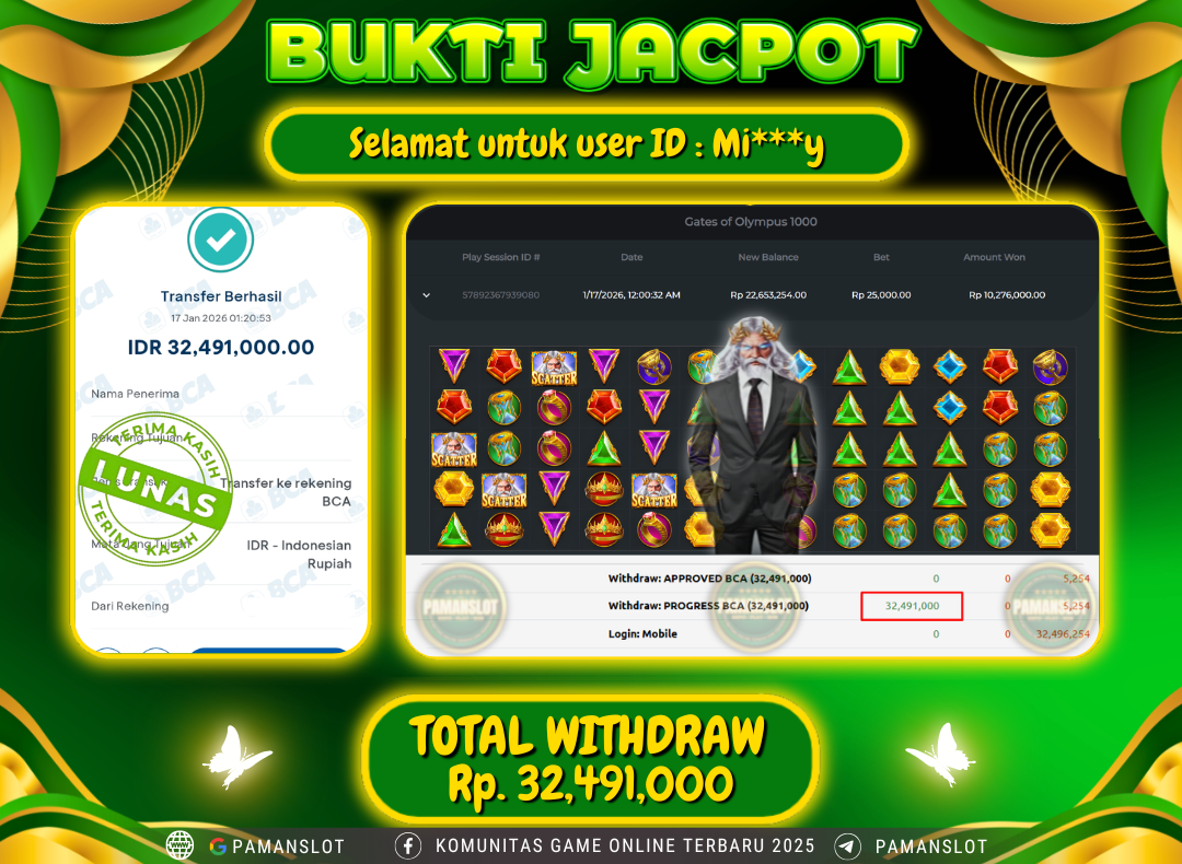 PAMANSLOT JACKPOT Game PP - Gates of Olympus 1000 Rp.32,491,000- LUNAS