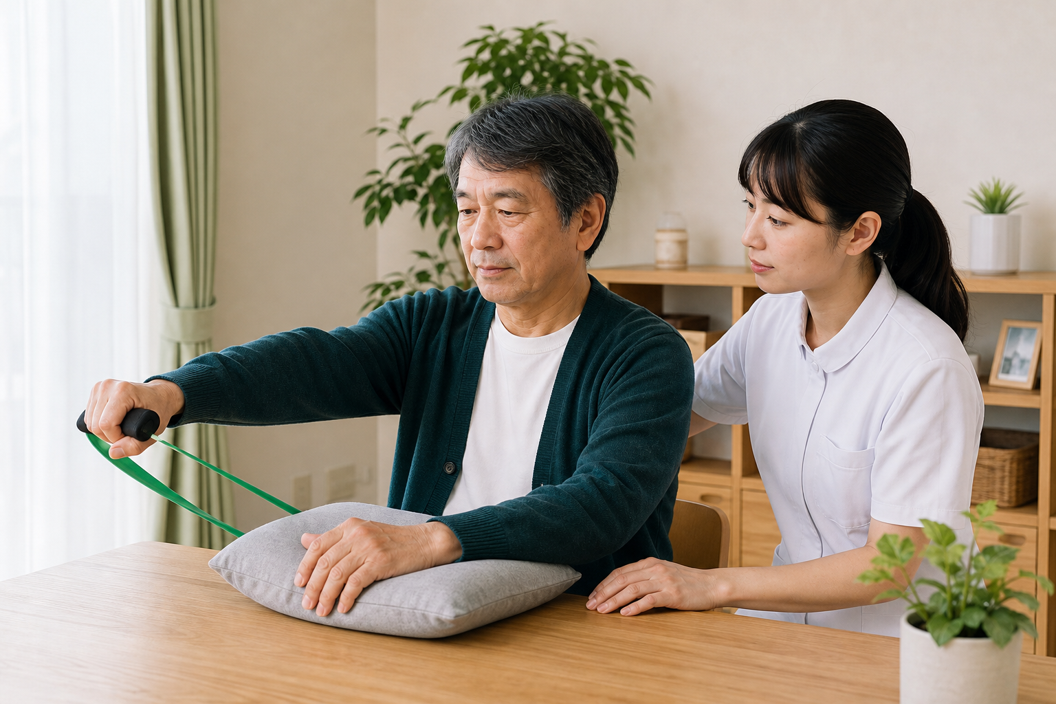 非麻痺側の腕を安全にトレーニングする脳卒中後の方と作業療法士