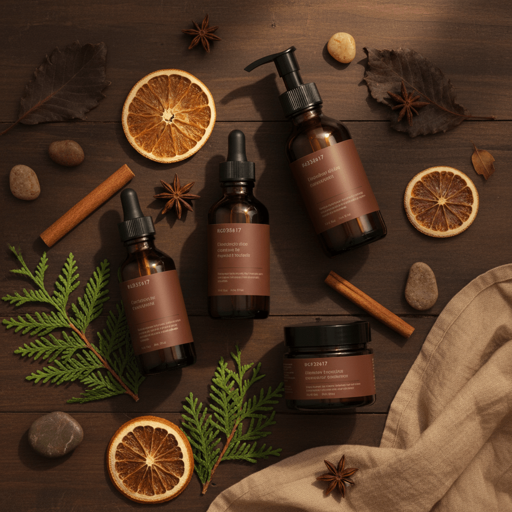 Premium dark-glass skincare bottles with natural botanicals in an elegant flat lay