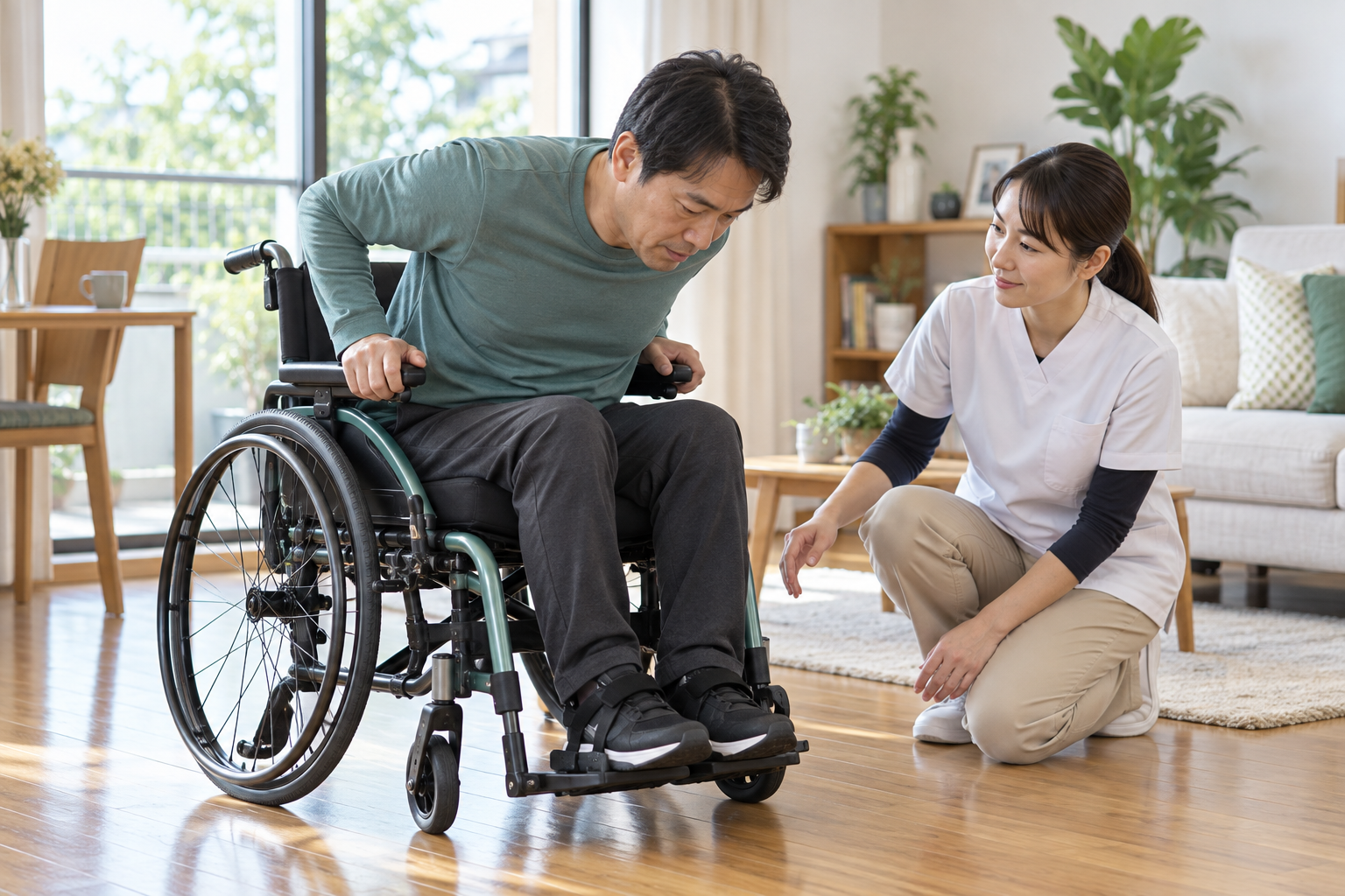 脊髄損傷の方が専門職の見守りで車椅子上の除圧動作を行う場面
