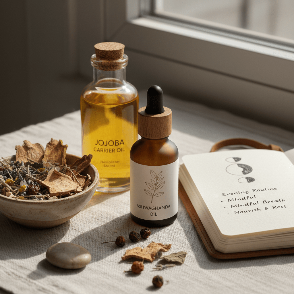 Serene wellness still life with ashwagandha oil bottle, carrier oil, herbs, and notebook, conveying holistic support and safe routine