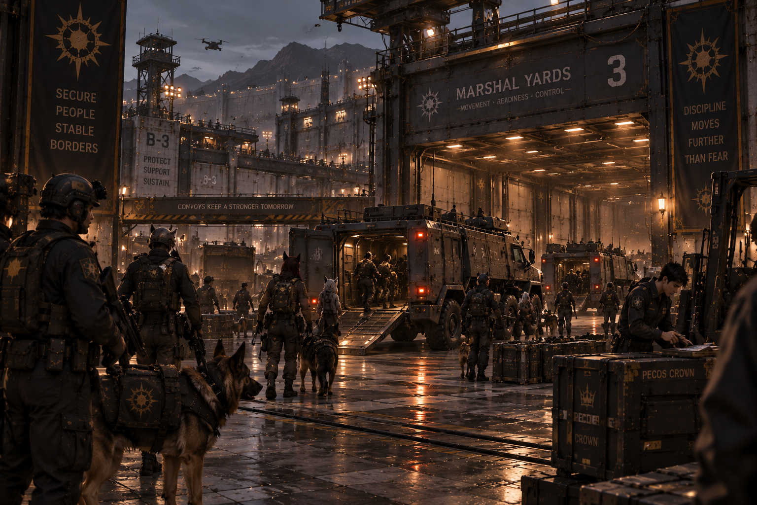 Secured inner yard in Marshal Yards with armored transports, personnel, canine trackers and military logistics.