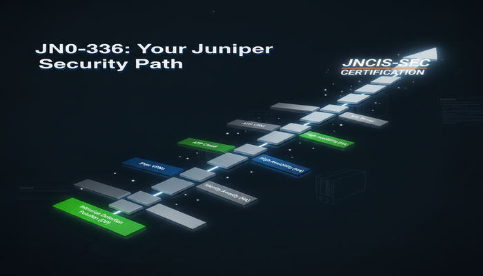 JN0-336: Your Juniper Security Path A digital roadmap illustrating the structured progression through advanced Juniper security topics (IDP, IPsec VPN, ATP Cloud, HA) on SRX devices, culminating in the JNCIS-SEC certification, with the title 'JN0-336: Your Juniper Security Path' clearly visible.