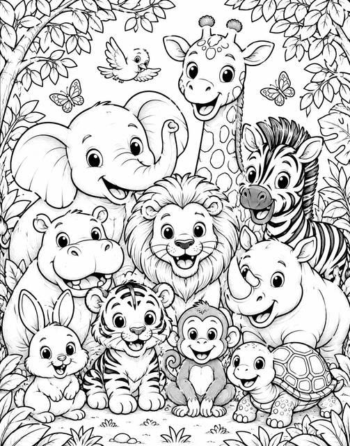 Printable Jungle Animal Friends colouring page for kids