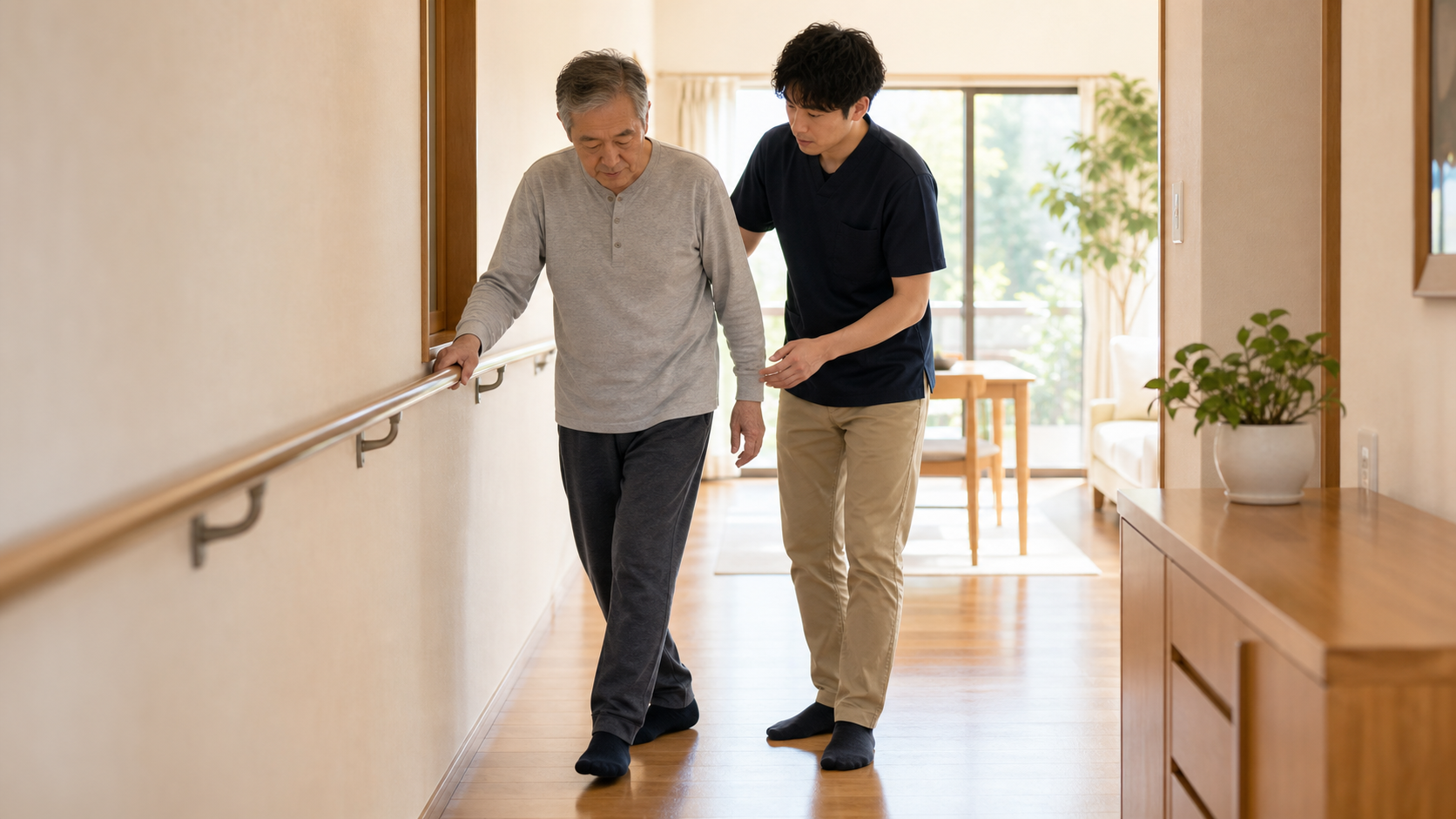 手すり・見守りのある環境で後方歩行を行う様子