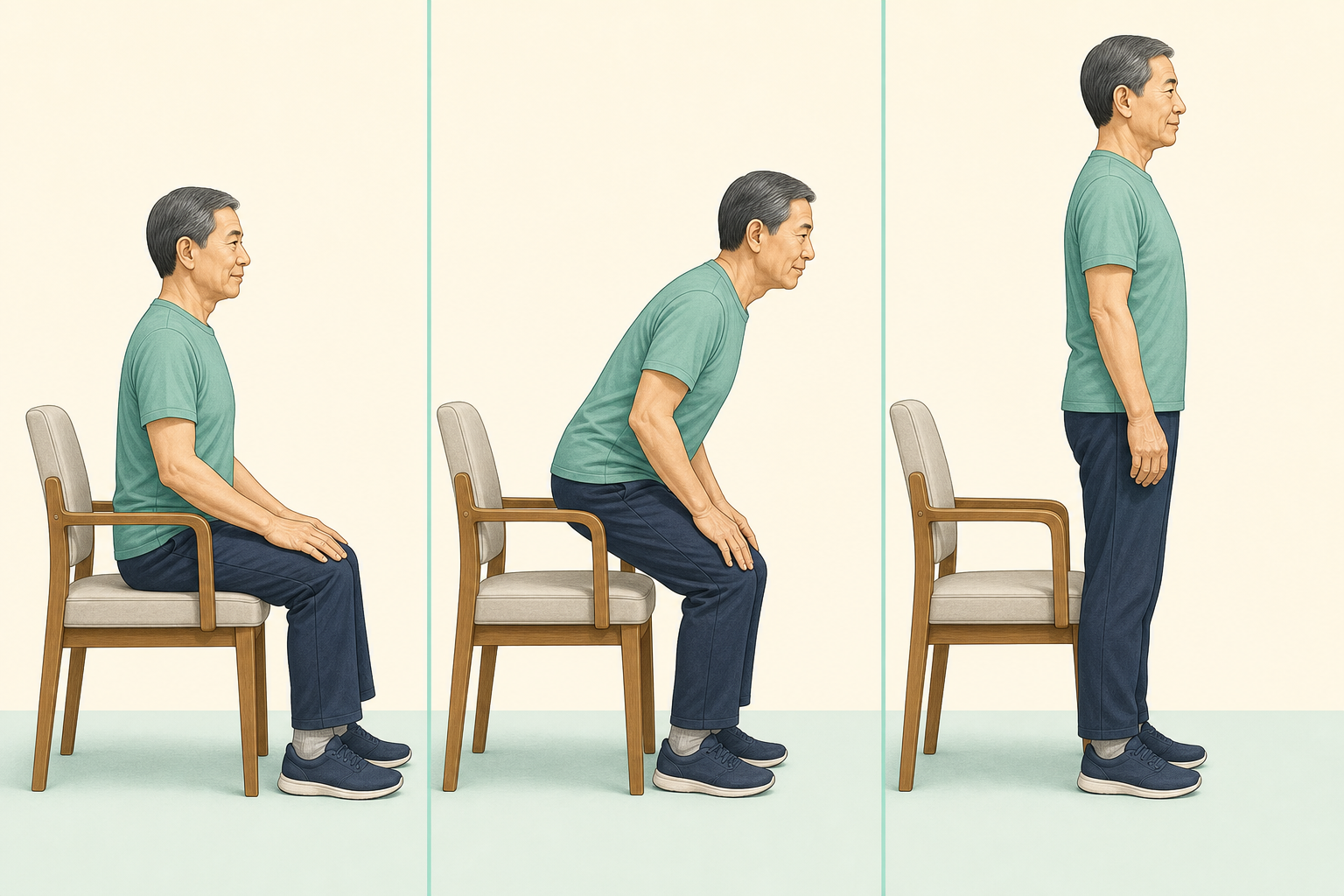 足を引き、前に重心を移し、立ち上がる3段階
