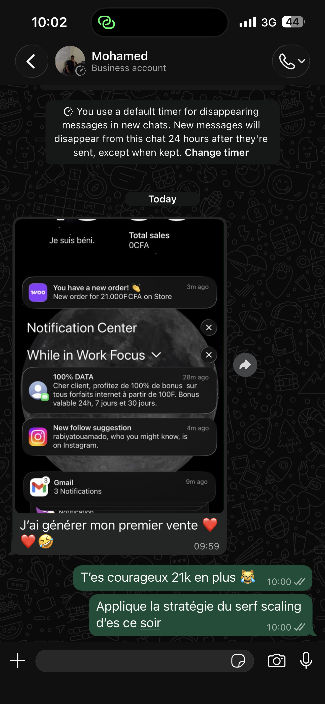 Témoignage client WhatsApp — première vente