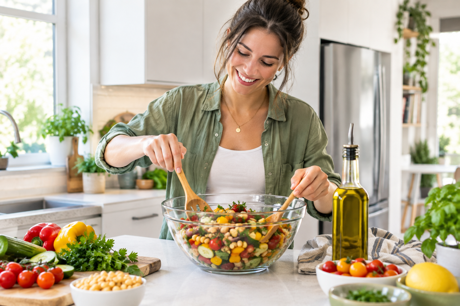 Femme souriante préparant une salade fraîche dans une cuisine lumineuse, symbolisant une alimentation méditerranéenne