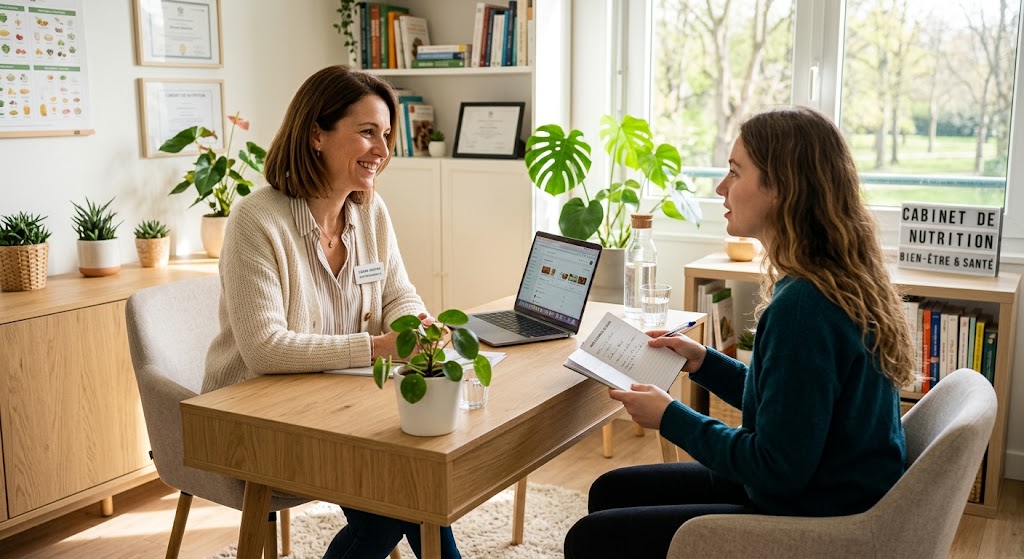 Deux femmes, une nutritionniste et sa cliente, discutent dans un bureau lumineux, symbolisant une consultation bienveillante et professionnelle