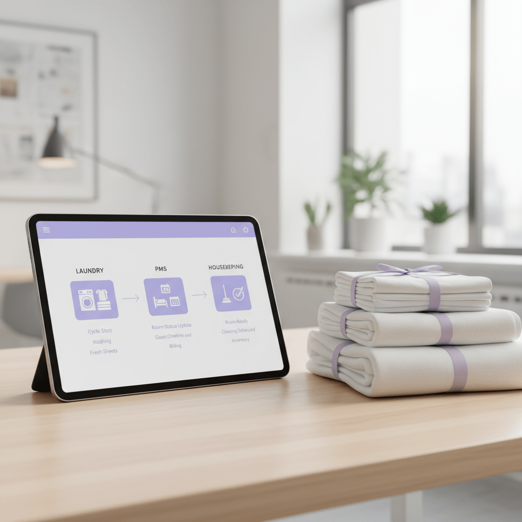Close-up of integrated hotel software on a tablet beside neatly stacked linens, showing connected laundry and PMS workflow in a bright back-office