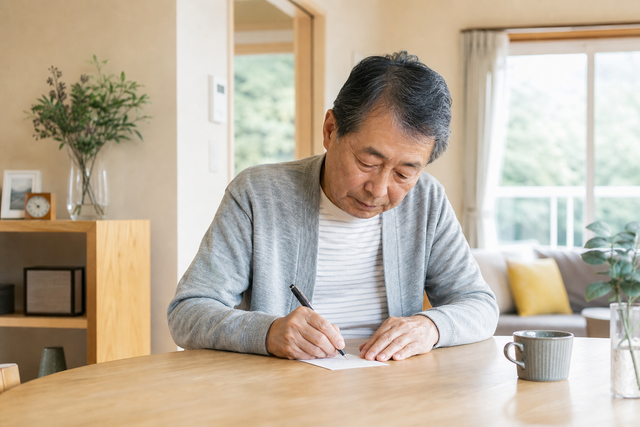 自宅の食卓で書字に取り組むパーキンソン病の方