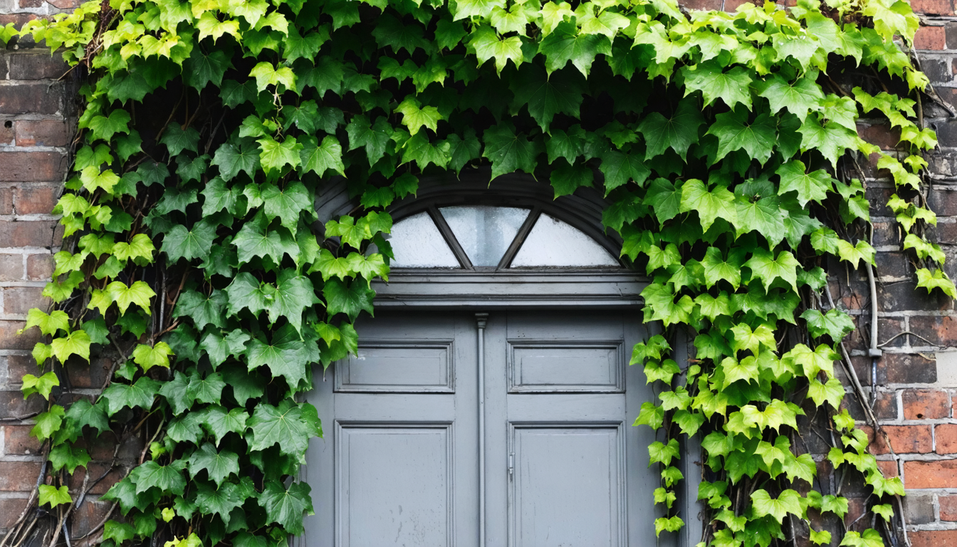 Close-up of ivy growing densely over a derelict Georgian doorway, the fanlight barely visible beneath the foliage, damp Dublin afternoon light.