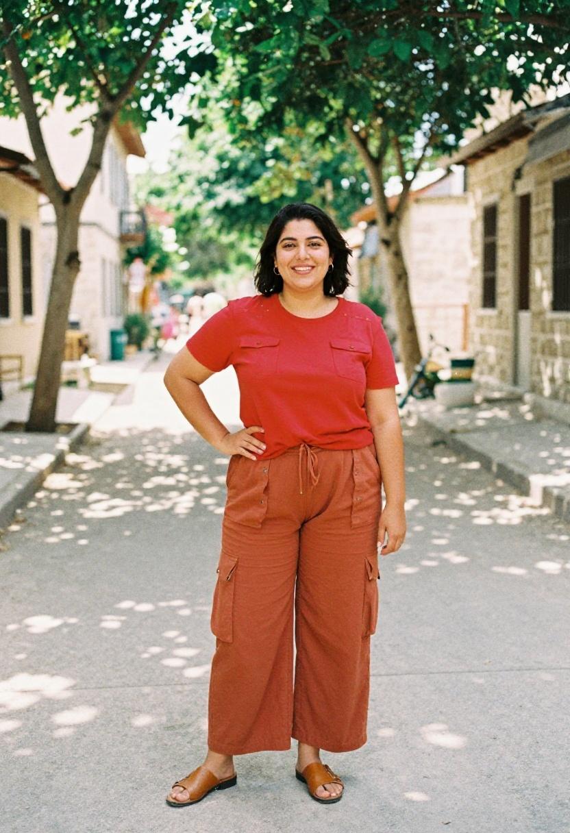 Terracotta wide-leg cargo pants with crimson shirt vacation outfit European street