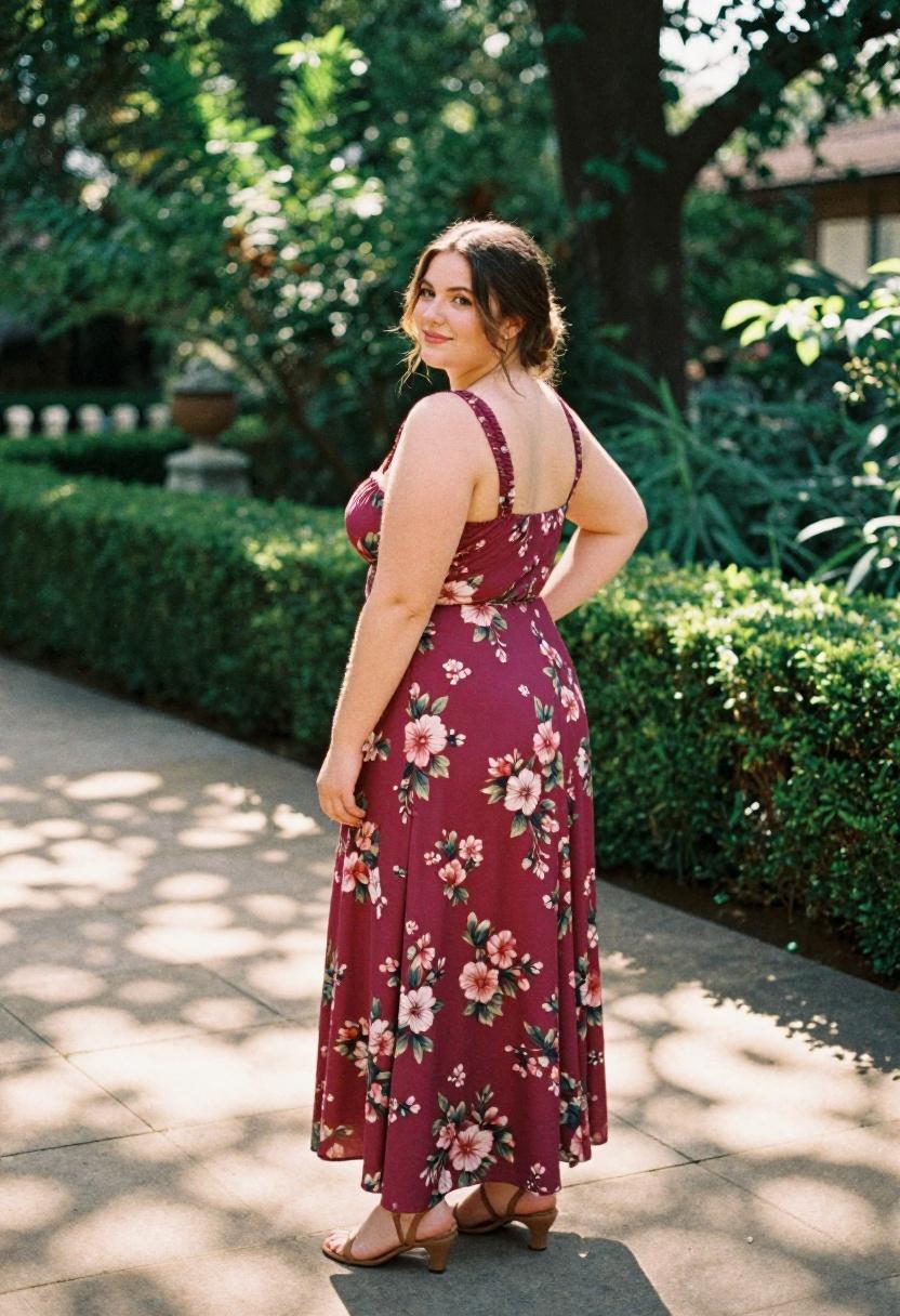 Berry magenta floral maxi dress with sweetheart neckline and kitten heels for a garden party