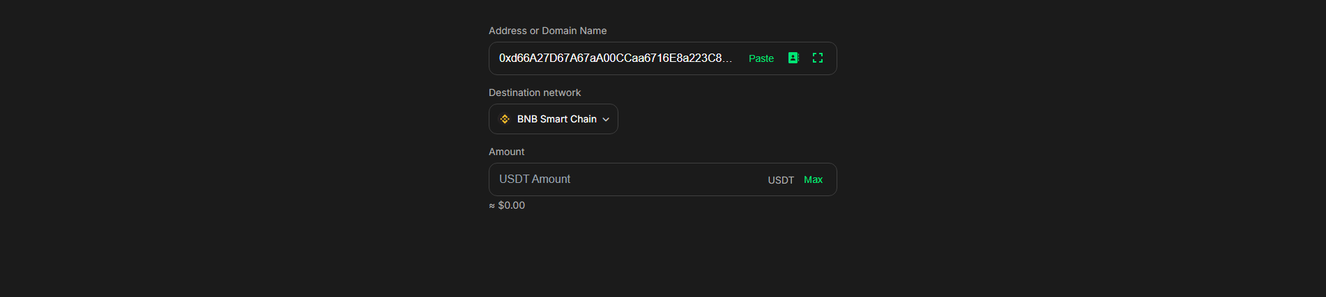 Forensic screenshot of send-usdt.online showing the phishing page layout