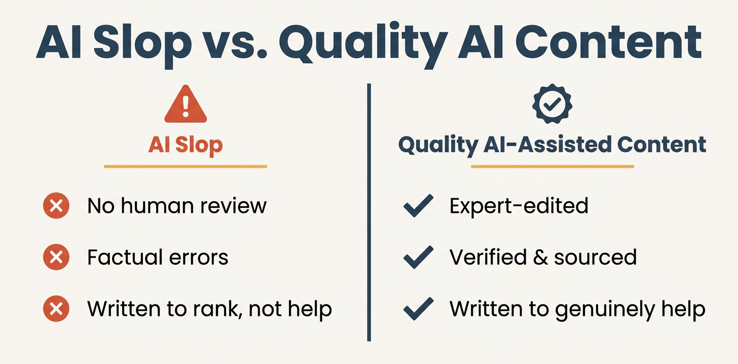 Two-column comparison infographic contrasting AI slop versus quality AI-assisted content, with red-orange warning icons on the left and #274059 navy checkmarks on the right